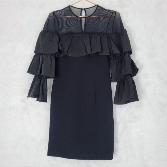 Cinq a Sept Valentina Ruffle Sleeve Mesh Shoulder Black Mini Dress 0 - Picture 2 of 11